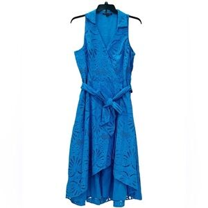 Boston Proper Vibrant Blue Eyelet Belted Dress size 8 Fit and Flare